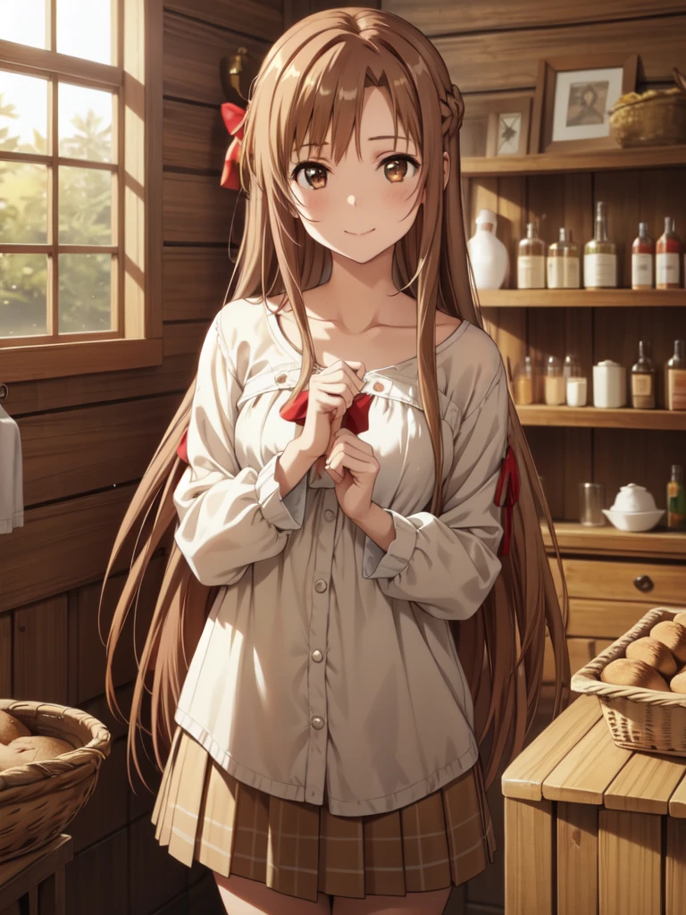 Eft_Star_Asuna, (masterpiece, Highest quality, beautifully、beautiful:1.3), (teenager), One Girl,alone, (Cute Smile:1.1), (Silvery brown hair with reddish brown streaks:1.4), (Gradient brown hair tip:1.6), hair, Ridiculously long hair, One side lock, ウェーブのかかったhair, 輝くhair, 浮かぶhair, (Deep Brown eyes), Delicate eyes, Brown eyes, Very beautiful eyes, Long upper eyelashes, Compensate, Focus on the face, Very detailed facial, Pretty face, Perfect breasts, Hot body, (Delicate skin texture:1.2), skirt, collarbone, standing, indoors, holding, shirt, Standing in front of a log house, cinematic lighting, Very detailed,