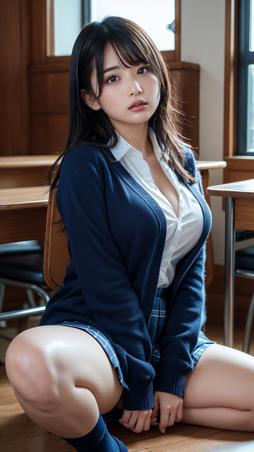 barefoot、sit barefoot on a chair、ponytail、In the classroom、Brown Color Hair、Tying up hair、Multicolored Hair、short hair、((Pleated skirt、White shirt))、ribbon、首のribbon、(Sexual Ecstasy)、Highest quality, Realistic, Super delicate illustration, Beautiful and attractive girl, Slender body, Tied Hair, One Girl, Girl Photos, Full Body Shot, Beautiful Eyes, ((M-shaped feet、Showing panties))(pubic)、(((Please spread your legs wide)))、Big Breasts((())ＪＫ、とてもRealistic、Her breasts are so big they&#39;re about to pop out of her shirt、A cute child-like facevage、((short hairー))