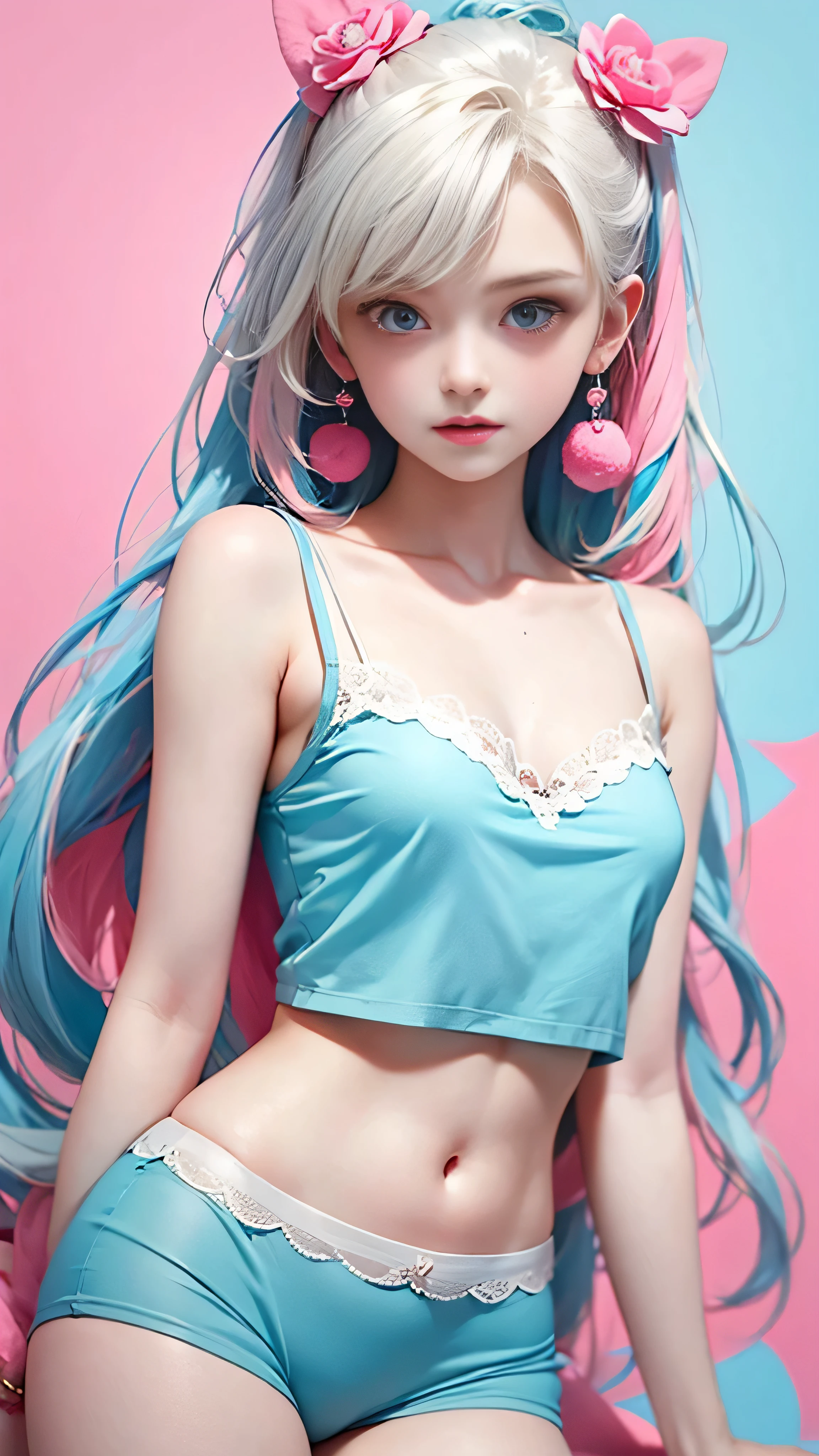 Light blue and red color scheme,pink nipple,little body,Petite,White curly hair, high detail, best quality, supper detail, detail eyes, pink , background, 5/6 body, hair over nipple