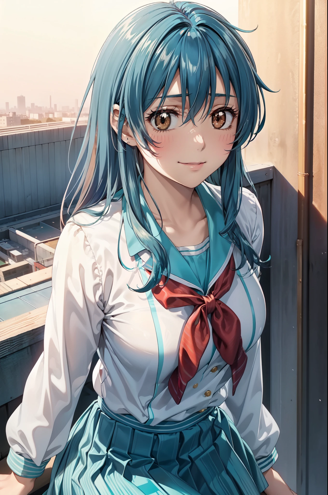 kanamechidori, (masterpiece, Highest quality, beautifully、beautiful:1.3), (teenager), One girl,alone, (Cute Smile:1.2), (Silvery darkturquoise hair with steelblue stripes:1.4), (Gradient darkturquoise hair tip:1.6), hair, Ridiculously long hair, ウェーブのかかったhair, 輝くhair, 浮遊するhair, (Deep Brown eyes), Delicate eyes, Brown eyes, Very beautiful eyes, Long upper eyelashes, Compensate, Focus on the face, Very detailed facial, Pretty face, Perfect breasts, Hot body, (Delicate skin texture:1.2), (school uniform:1.1, red ribbon tie), (Receiving a confession on the school rooftop with the sunset and fence behind me。I got closest to that smile:1.1), Very detailed, gravure, nsfw, (cinematic angle:1.1),