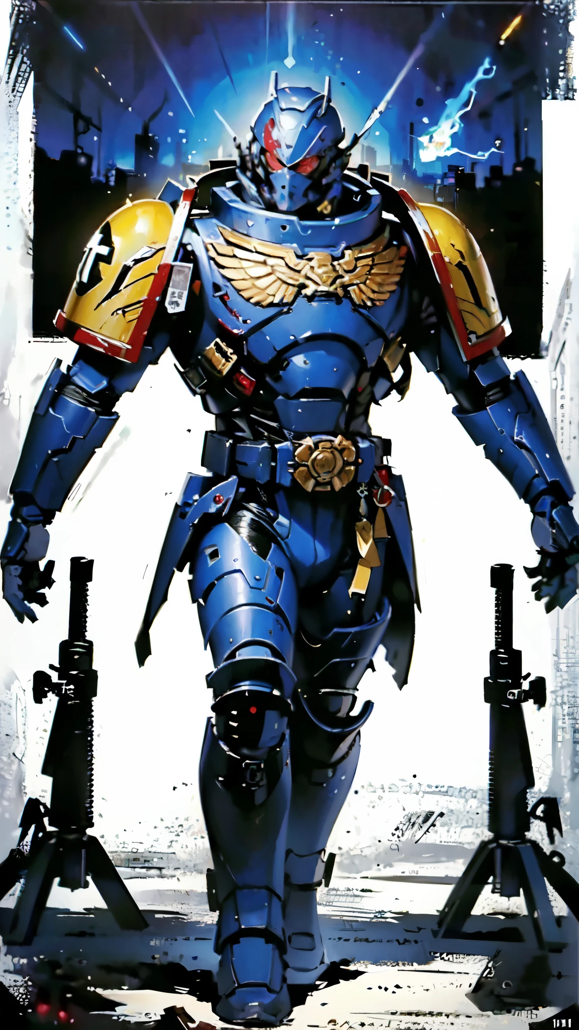 (masterpiece:1.5, best quality:1.5, extremely delicate:1.5), ((male:1.5)), a man wearing a full-face helmet, a biotech armored combat suit, green eyes, (a composite layered chest armor), fully enclosed shoulder guards, matching arm and leg guards, a belt of gemstone, (the color scheme is primarily White with Blue and Red accents), the design balances heavy with agility, a high-tech bio-mecha armor, (Armor Concept Inspired by Space Marines, stand of a futuristic sci-fi city), this character embodies a finely crafted fantasy-style armored hero in anime style, exquisite and mature manga art style, (element, plasma, energy, the armor glows), metallic, high definition, highres, ultra-detailed, ultra-fine painting, professional, perfect body proportions, golden ratio, anatomically correct, symmetrical face, extremely detailed eyes and face, high quality eyes, creativity, RAW photo, UHD, 32k, Natural light, cinematic lighting, masterpiece-anatomy-perfect