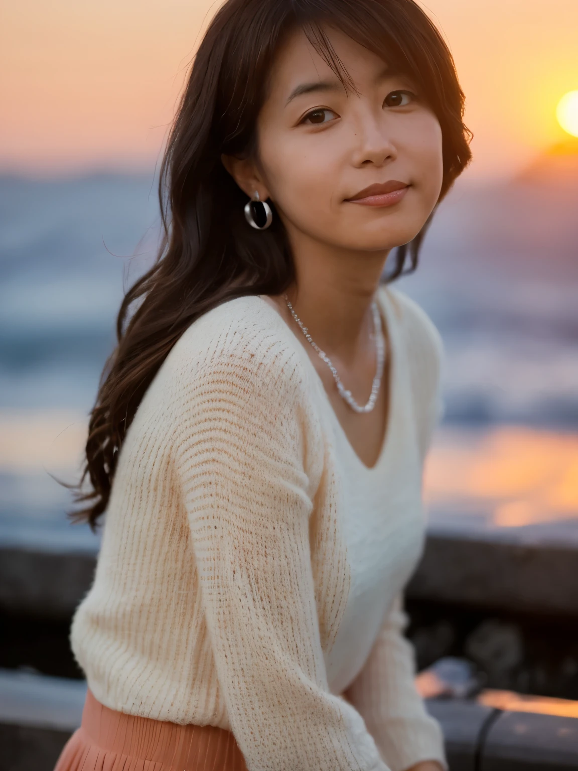 A photogravure of a Japanese woman with a cute upward gaze, Troubled face, detailed face, detailed eyes, brown long hair, Elegant hairstyle, Hair blowing in the wind. The sky turns red as the sun sets. The sun shines on her, The sky was dyed red, There are clouds, The shining sun is so beautiful, Dusk is approaching, Lens flare, (（Sunlight reflecting off the ocean, Ocean View, The sun shines on the ocean. Background Blur, (（Close-up shot from the waist up:1.4）), Tight clothing that shows your body lines, Elegant summer knitwear, Elegant summer sweater, Short skirt, Small earings, Silver Necklace, Dress elegantly, A lovely smile, Highly detailed photos, Super no makeup, (8k, RAW Photos, Highest quality, masterpiece:1.2), (Realistic), 1 Girl, ((Looking into the camera:1.4)), 