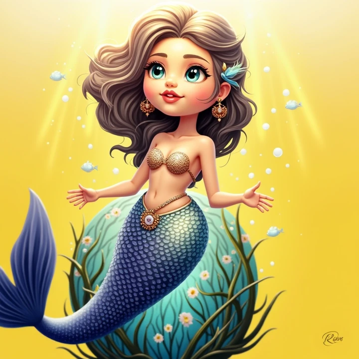 Baby Mermaid Girl, ((((DARK SKIN)))) ((SHORT OMBRE MULTICOLOR HAIR)), Teal Hair Mixed With Brown Hair, White Mermaid Tail, Rune Tattoos, Circlet
