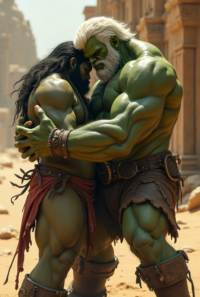 an orcish man with green skin, an athletic body, a beard and short hair. hugging an elf man with dark skin, long wavy hair, a mustache, and a tribal tattoo on his body.