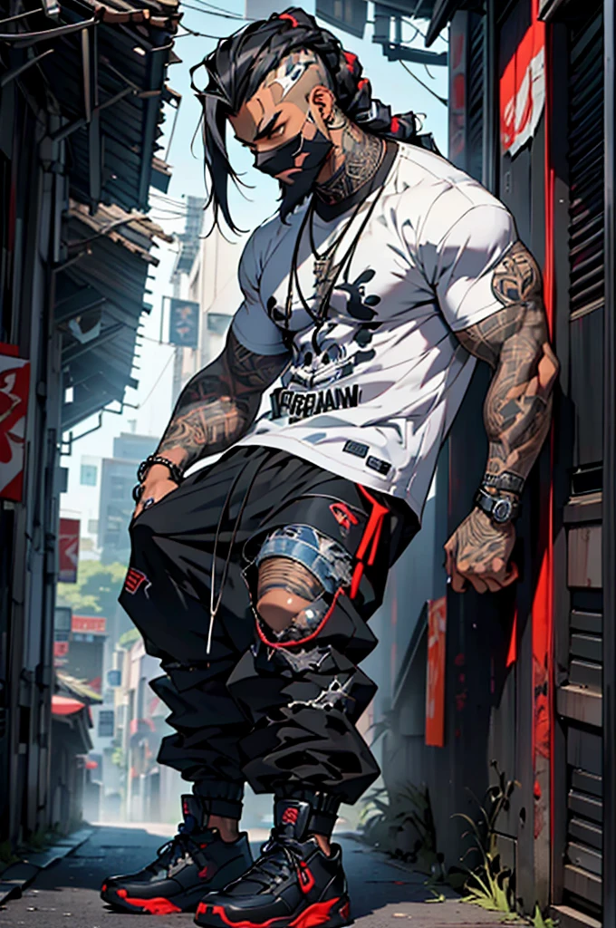 thin man, perfectly trimmed beard, long hair in ninja braided hairstyle , black hair color at the roots. with tattoos on both shoulders, chest and right leg, urban style clothing, a white t-shirt and a black one on top of the white one, black ecko denim pants, cream-colored timberland boots, 1.65 height. (rapper) (urbano style) (animated) ((style anime)) graffiti spirit secret art death painting 30% futuristic cibor, human ft futuristic robot, hero soldier, futuristic rapper ninja man.(((HD, 4k, real))) (8k) ULTRA DEFINED. mystical magic (Whole body)full body skinny fire spirit. what blue, standing upright body standing.
