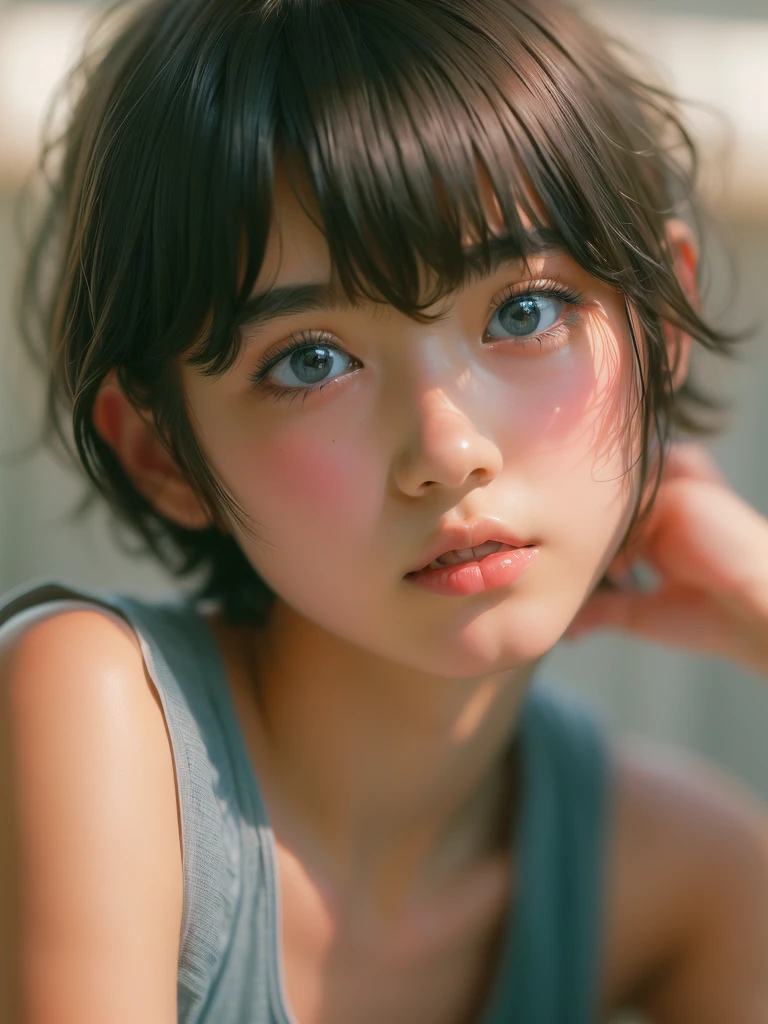 ((sfw: 1.4)), (( extra short hair, sidelocks-hair, 1Girl)),solo,((18 years old)), (wearing white tanktop:1.5),((short denim pants)) Ultra High Resolution, (Realistic:1.4), RAW Photo, Best Quality, (Photorealistic Stick), Focus, Soft Light, ,((Japanese)), (( (young face))), (surface), (depth of field), masterpiece, (realistic), , bangs,,(half body image:1.5)