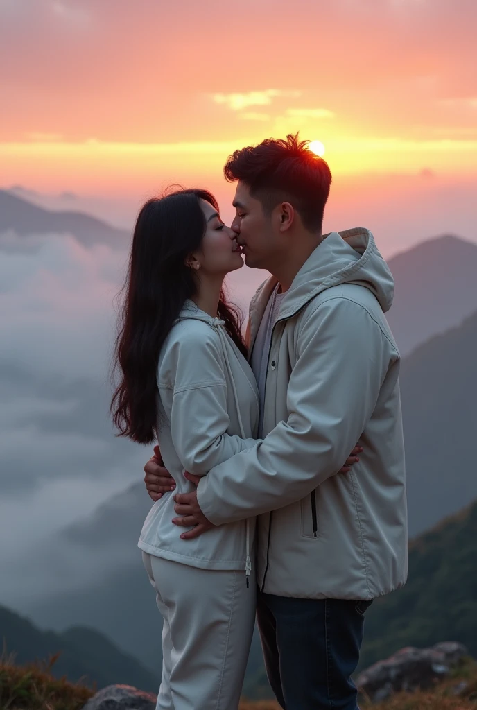 Two people kissing each other in the sun, kissing together cutely, With sunset, late sunset, kissing together, late sunset, with a sunset, couple kissing, There is a sun in the sky, taken at golden hour, Kissing each other, prime time, Sunset in the background, at a beautiful sunset, at the sunset, Sunset!, Kissing