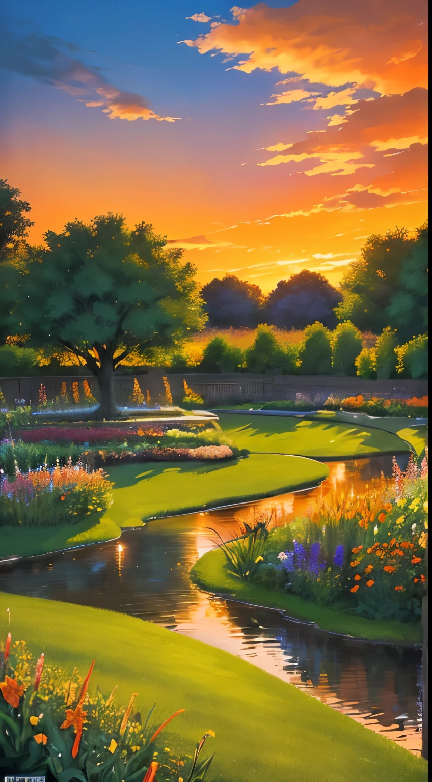 masterpiece,Gorgeous, the Gorgeous sunset in a garden, flowerでいっぱい, Pasture, flower々, water, landscape, Beautiful Clouds, orange, orange atmosphere, Beautiful sky, Amazing views, Artistic painting, not human,There are no people