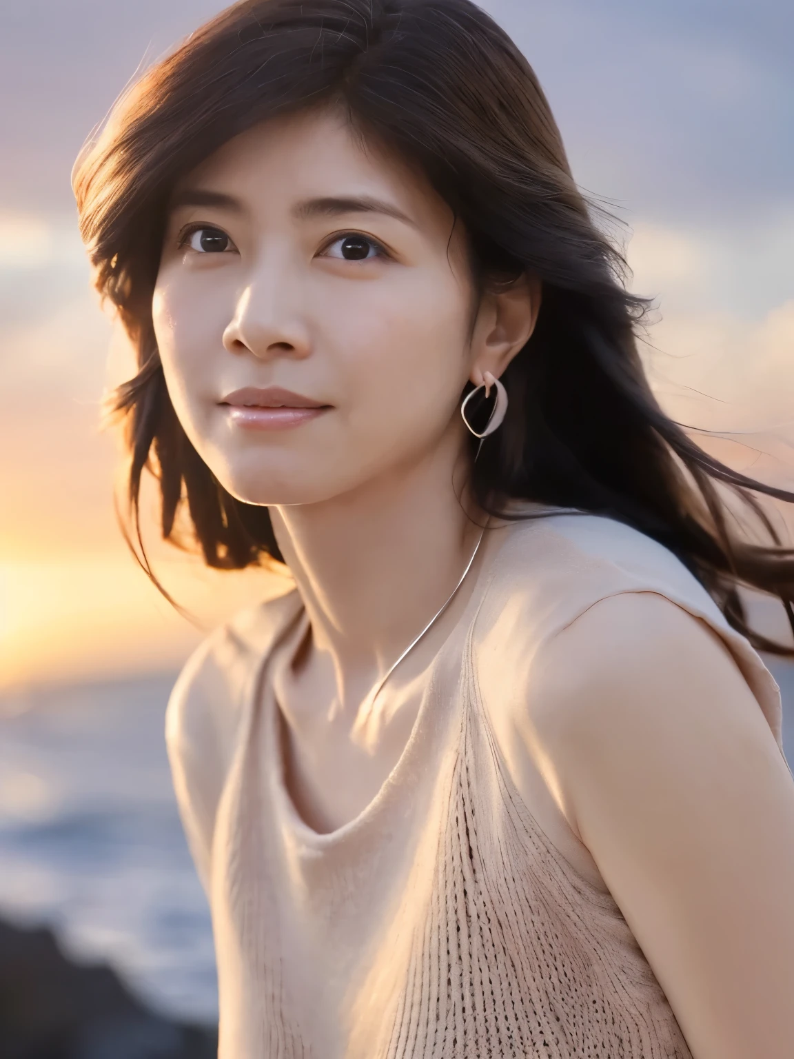 A photogravure of a Japanese woman with a cute upward gaze, Troubled face, detailed face, detailed eyes, brown long hair, Elegant hairstyle, Hair blowing in the wind. The sky turns red as the sun sets. The sun shines on her, The sky was dyed red, There are clouds, The shining sun is so beautiful, Dusk is approaching, Lens flare, (（Sunlight reflecting off the ocean, Ocean View, The sun shines on the ocean. Background Blur, (（Close-up shot from the waist up:1.4）), Tight clothing that shows your body lines, Elegant summer knitwear, Elegant summer sweater, Short skirt, Small earings, Silver Necklace, Dress elegantly, A lovely smile, Highly detailed photos, Super no makeup, (8k, RAW Photos, Highest quality, masterpiece:1.2), (Realistic), 1 Girl, ((Looking into the camera:1.4)), 