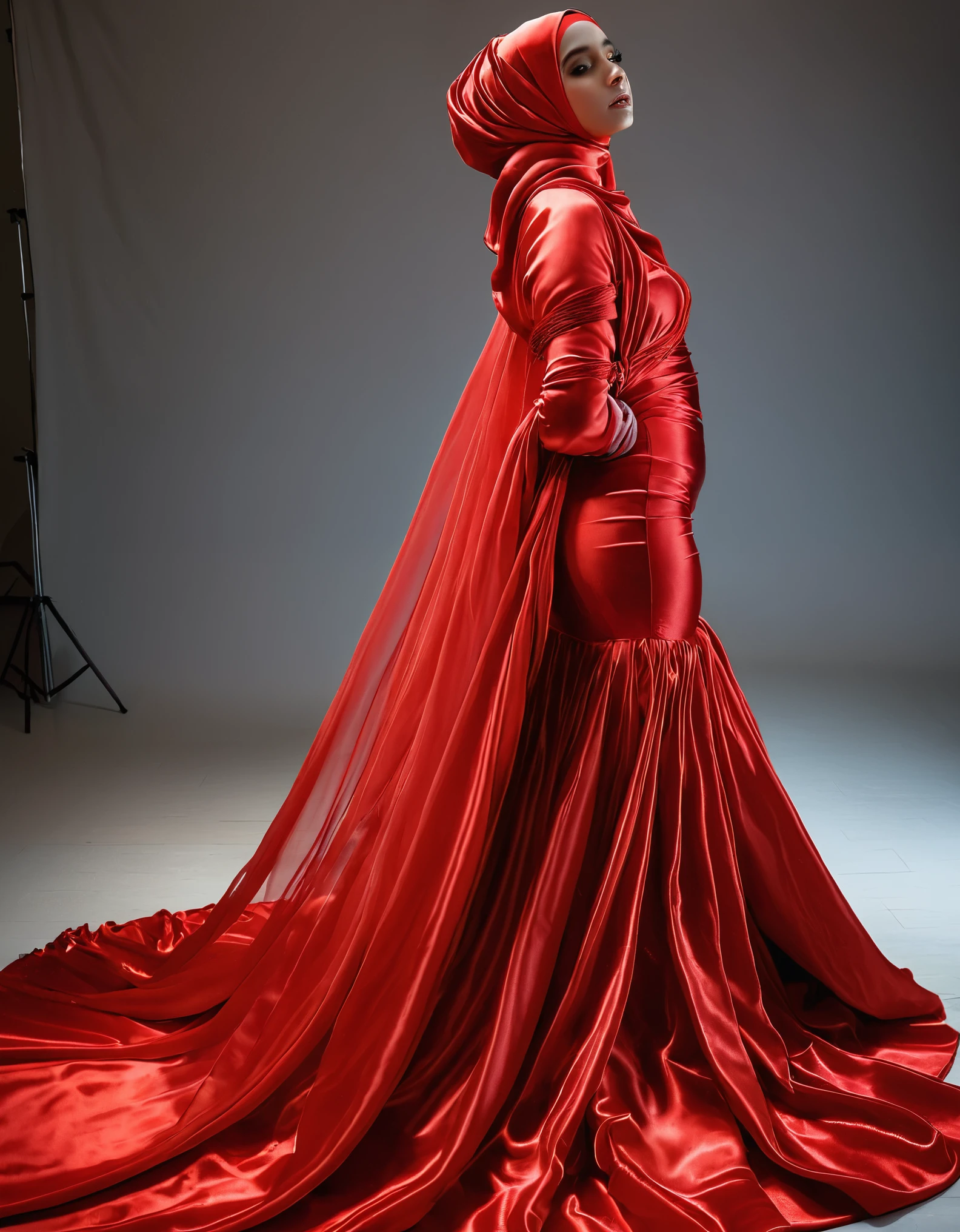 A woman shrouded in a 10-meter-long, plush red semi transparent satin shimmer cloth, tightly bound and grandly draping along the form of her body, poof style on the bottom outfit, flowing off into a pooled floor-length train, styled in a mermaid-inspired outfit, her head modestly veiled in a satin hijab, tall woman, in the middle of a traffic, a full-body pose conveying a sense of mysterious elegance, captured in a 4k resolution, ultra-realistic