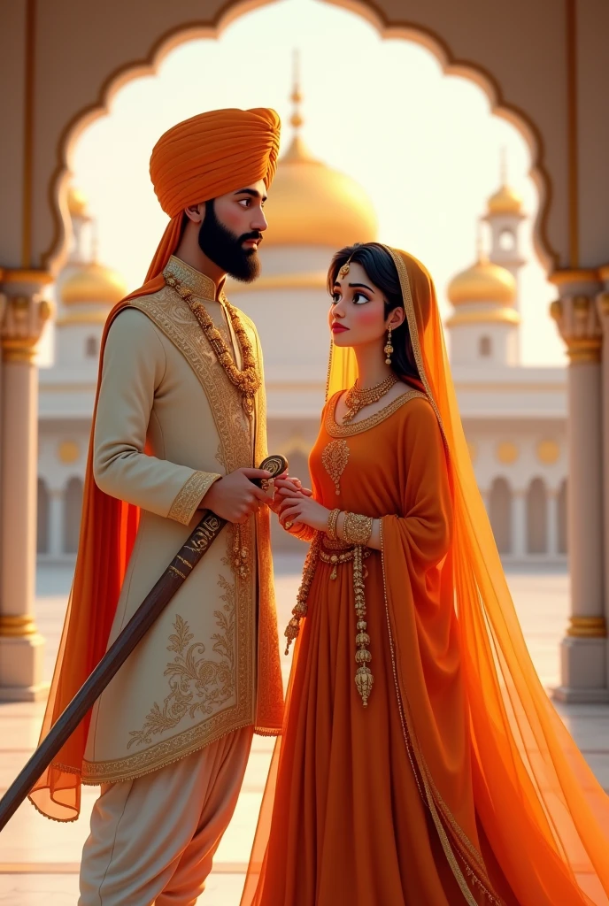 Generate animated sardar and sardarni full picture with transparent background in wedding outfit, sardar ji wearing royal sherwani holding sikh kirpan and both facing sitting guru granth sahib ji in gurudware, sardar ji wearing ivory color and sardarni must be orange lehenga outfit. 