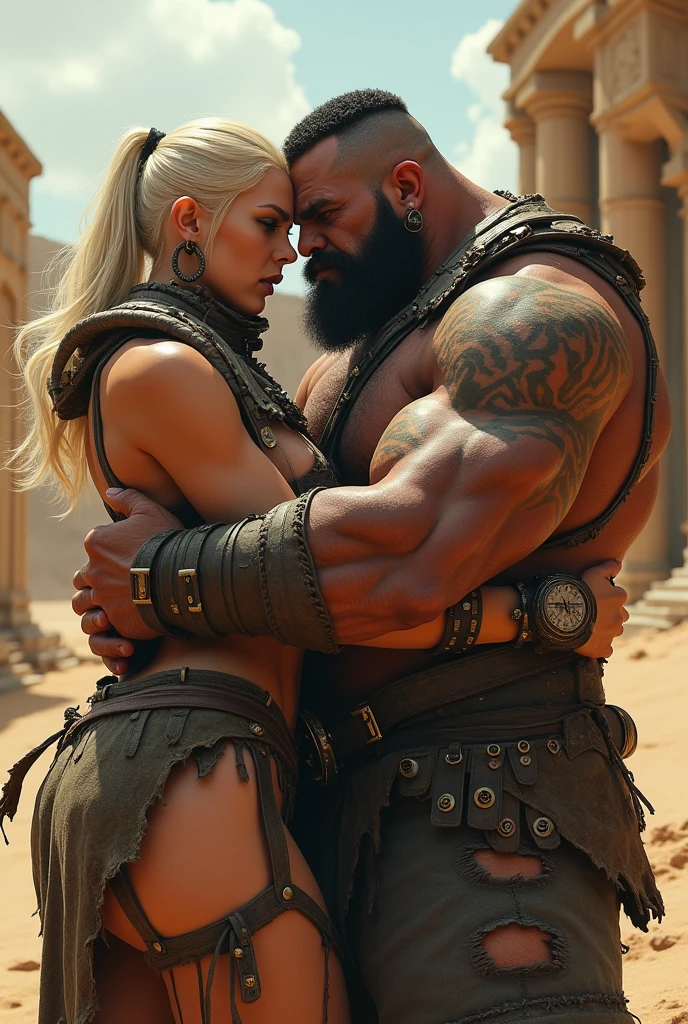 A naked woman having sex with a man who has a giant warrior