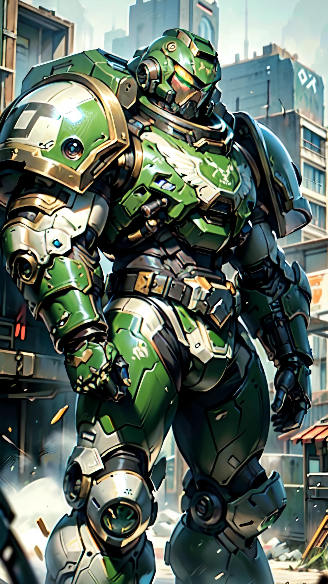 (masterpiece:1.5, best quality:1.5, extremely delicate:1.5), ((male:1.5)), a man wearing a full-face helmet, a biotech armored combat suit, green eyes, (a composite layered chest armor), fully enclosed shoulder guards, matching arm and leg guards, a belt of gemstone, (the color scheme is primarily Green with Black and White accents), the design balances heavy with agility, a high-tech bio-mecha armor, (Armor Concept Inspired by Space Marines, stand of a futuristic sci-fi city), this character embodies a finely crafted fantasy-style armored hero in anime style, exquisite and mature manga art style, (element, plasma, energy, the armor glows), metallic, high definition, highres, ultra-detailed, ultra-fine painting, professional, perfect body proportions, golden ratio, anatomically correct, symmetrical face, extremely detailed eyes and face, high quality eyes, creativity, RAW photo, UHD, 32k, Natural light, cinematic lighting, masterpiece-anatomy-perfect