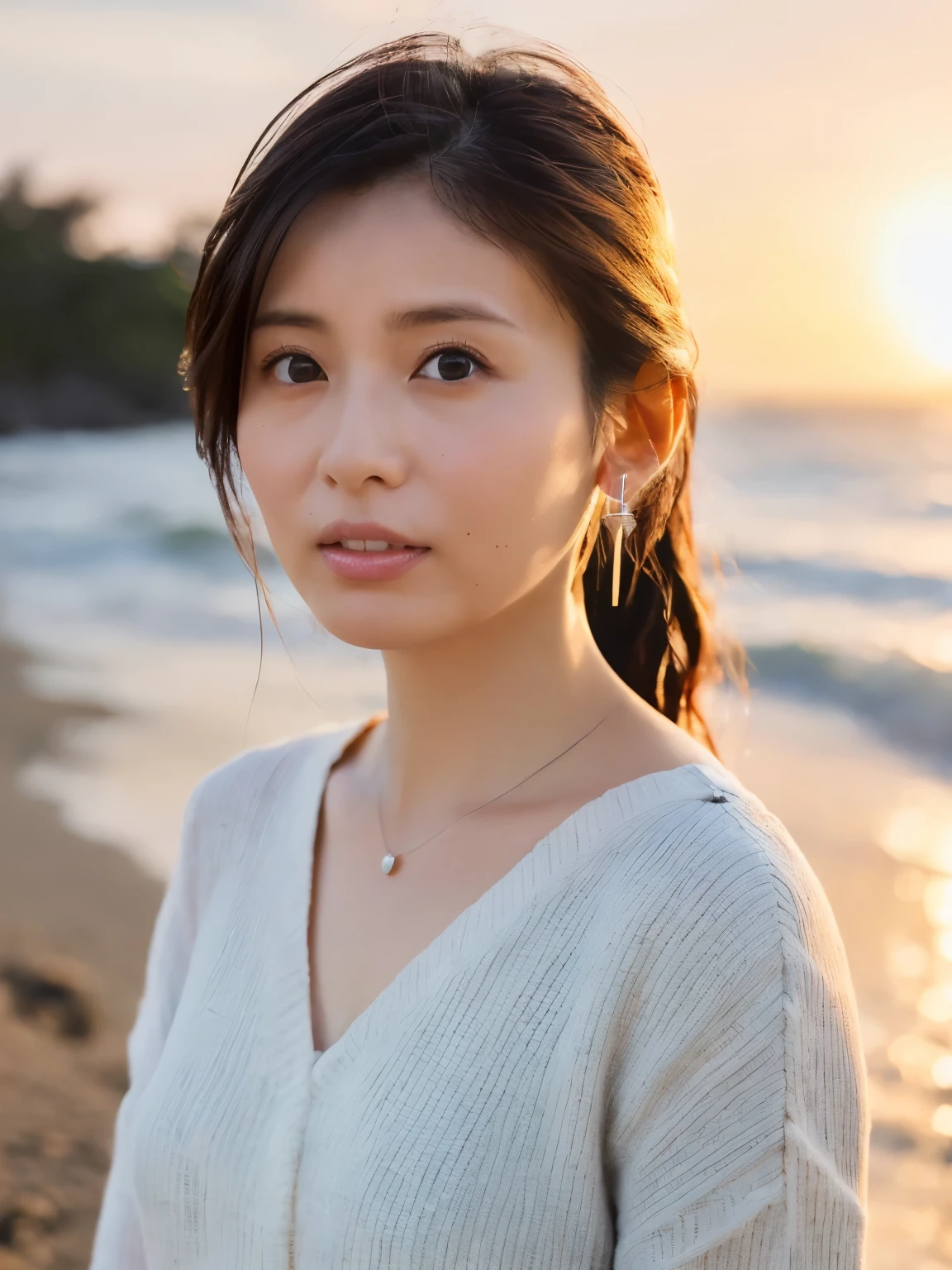 A photogravure of a Japanese woman with a cute upward gaze, Troubled face, detailed face, detailed eyes, brown long hair, Elegant hairstyle, Hair blowing in the wind. The sky turns red as the sun sets. The sun shines on her, The sky was dyed red, There are clouds, The shining sun is so beautiful, Dusk is approaching, Lens flare, ((Sunlight reflecting off the ocean, Ocean View, The sun shines on the ocean. Background Blur, ((Close-up shot from the waist up:1.4)), Tight clothing that shows your body lines, Elegant summer knitwear, Elegant summer sweater, Short skirt, Small earings, Silver Necklace, Dress elegantly, A lovely smile, Highly detailed photos, Super no makeup, (8k, RAW Photos, Highest quality, masterpiece:1.2), (Realistic), 1 Girl, ((Looking into the camera:1.4)),