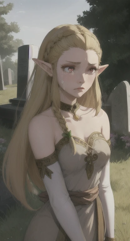 1girl, Ancient Hylian, Blonde, red eyes, Hylia, crying at, princess zelda's grave, 