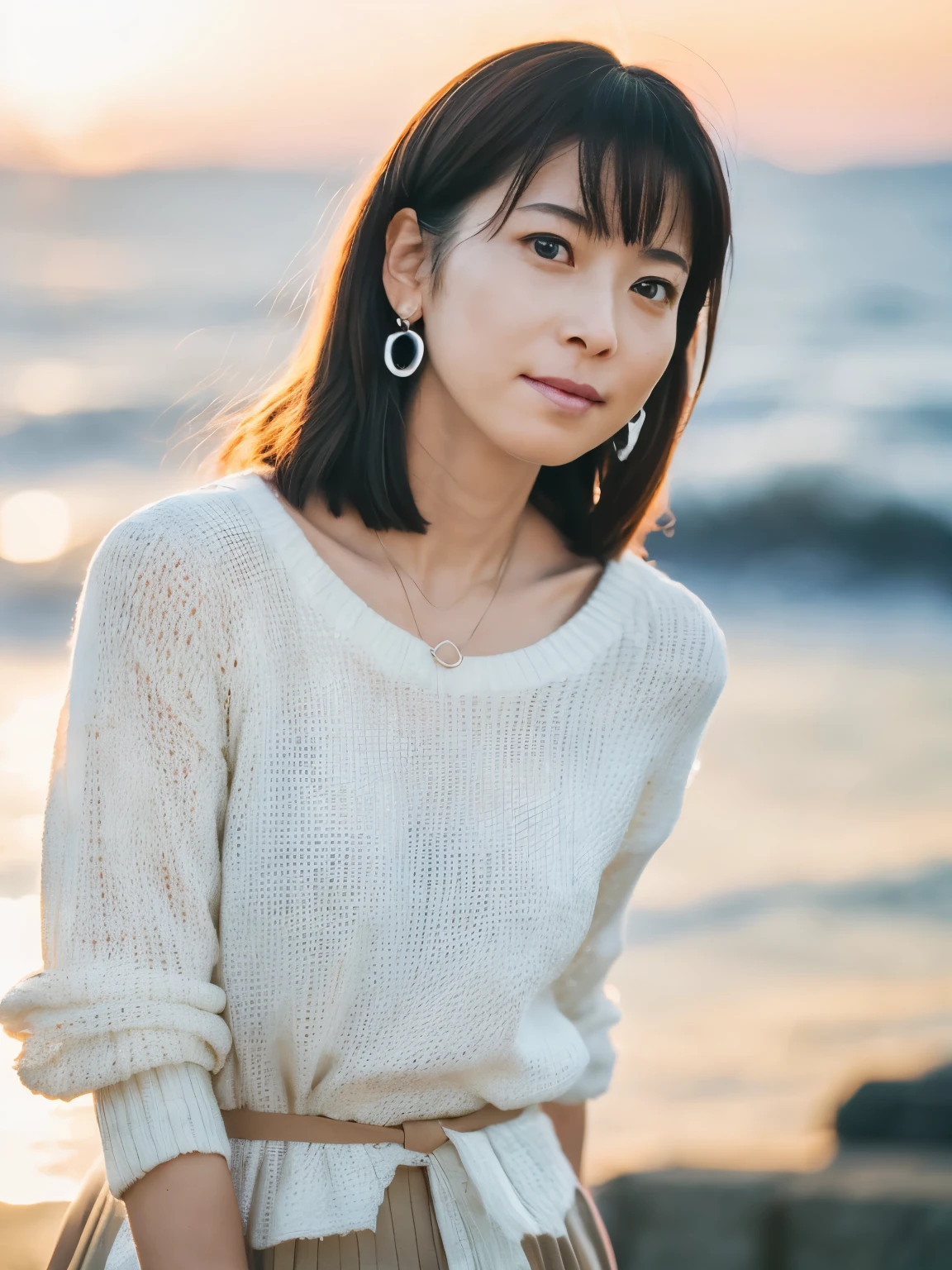 A photogravure of a Japanese woman with a cute upward gaze, Troubled face, detailed face, detailed eyes, brown long hair, Elegant hairstyle, Hair blowing in the wind. The sky turns red as the sun sets. The sun shines on her, The sky was dyed red, There are clouds, The shining sun is so beautiful, Dusk is approaching, Lens flare, (（Sunlight reflecting off the ocean, Ocean View, The sun shines on the ocean. Background Blur, (（Close-up shot from the waist up:1.4）), Tight clothing that shows your body lines, Elegant summer knitwear, Elegant summer sweater, Short skirt, Small earings, Silver Necklace, Dress elegantly, A lovely smile, Highly detailed photos, Super no makeup, (8k, RAW Photos, Highest quality, masterpiece:1.2), (Realistic), 1 Girl, ((Looking into the camera:1.4)), 