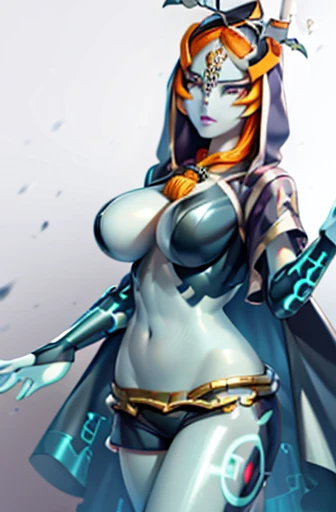 {{masterpiece, best quality, ultra detailed CG, unity 8k wallpaper, cinematic lighting}} True Midna, Layer, Perfect Character Fusion, underboob, bangs covering left eye, Reploid Twili, Beautiful character design, perfect eyes, perfect face, breasts, cleavage, cowboy shot, silver dress top, jean-shorts, 