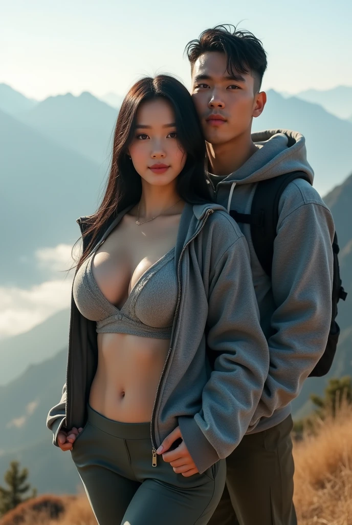 masterpiece), outdoor , best quality, masterpiece, (photorealistic:1.2), two person, couple, young man and girl, in Blue sky and white clouds, Sunlight, grassland, mountain peak, ((northern view of Tibetan grassland background)) , hourglass body, ((medium round breasts)), ((girl is outstretched_arms)), ((wearing a batik short sarong around the waist)), ((a man is holding girl's waist from behind)), perfect nipples, front view, realistic skin, (((boy short hair)), ((boy muscles body)), ((boy handsome face)), (smile together: 1.5), ((fringe curtain messy hairstyle)) ((long hairs flowing by the wind)), brown hair, perfect skin, human skin imperfection, happy face, blackout lighting, ((topless:1.5)), attractive, seductive, perfect hands, perfect fingers ,poakl, (()),1boy, girl