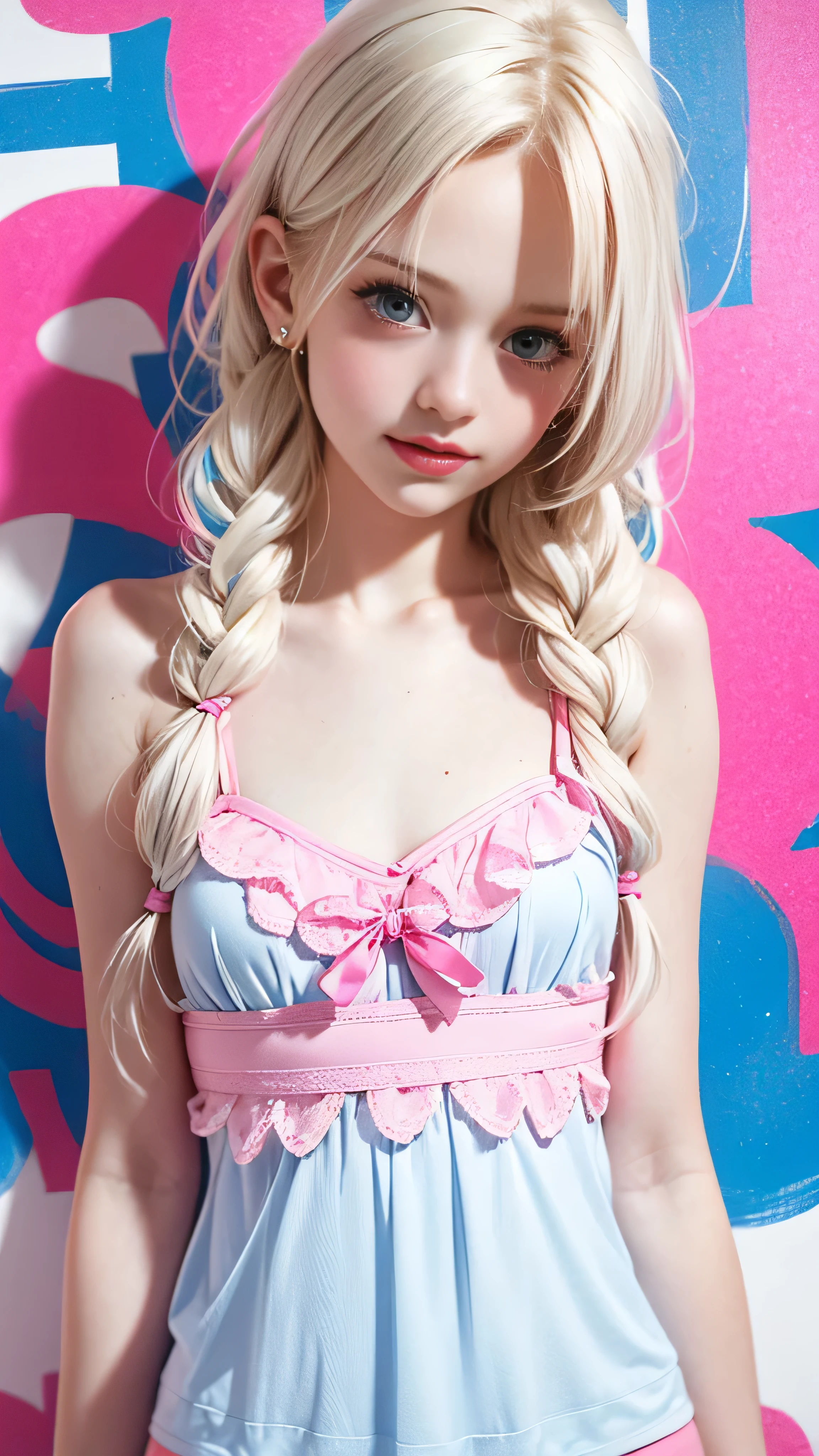 thin blonde hair , pigtails, defined thin thighs, sexy poses, no pubic hair, full body shot, sexy stockings, palace bedroom background, touching panties