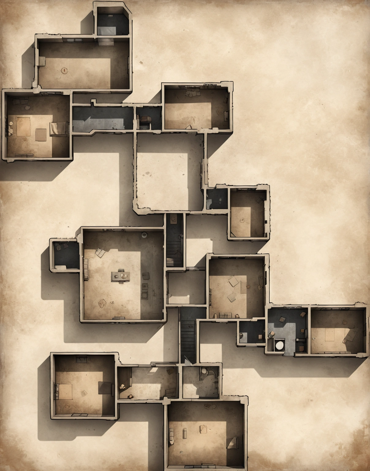 2D flat map, top-down view, bunker layout based on provided sketch, minimal depth, clear floor plan, simple, flat design, parchment texture, thick black outlines, detailed inside rooms, old paper, dark post-apocalyptic atmosphere, flat, minimalist, clean lines, cold and eerie, empty, follow the sketch layout exactly, thick black outlines
