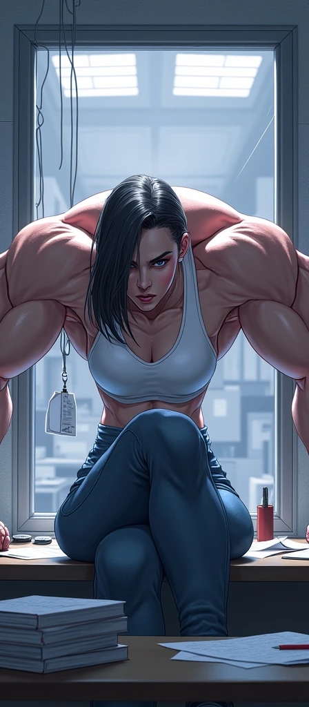 (1 girl solo) kneeling solo abs angry victoriouight bruises)) torn clothes pale skin ((bodybuilder)) huge tits (dark atmosphere) ((sweaty)) foggy steam black hair yellow eyes very long hair flexing muscles (((hands in front))) (from above) ((thick legs))