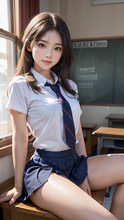 (((Highest quality))), ((masterpiece)), (detailed), ((solo)), (((((1 high school girl wearing large-sized school uniform))))), (((Slender body))), (((Legs visible through the skirt))), ((White skin)), Mysterious Light, ((((Angle of view that includes the face and whole body)))), (((Well-formed face))), ((Big eyes)), (((((Drooping eyes))))), ((((Closer Eyes)))), Thin buttocks, (Glossy skin), ((Angle from below)), ((((Straddle position)))), ((((Correct Anatomy)))), Open your legs just a little, Long, slender legs, 