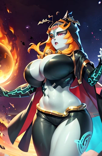 {{masterpiece, best quality, ultra detailed CG, unity 8k wallpaper, cinematic lighting}} True Midna, chest plate, underboob, Reploid Twili, Beautiful character design, perfect eyes, perfect face, breasts, cleavage, silver dress top, jean-shorts, sultry expresion, extra large breasts, extra large round ass, child birthing hips, hourglass body shape, 