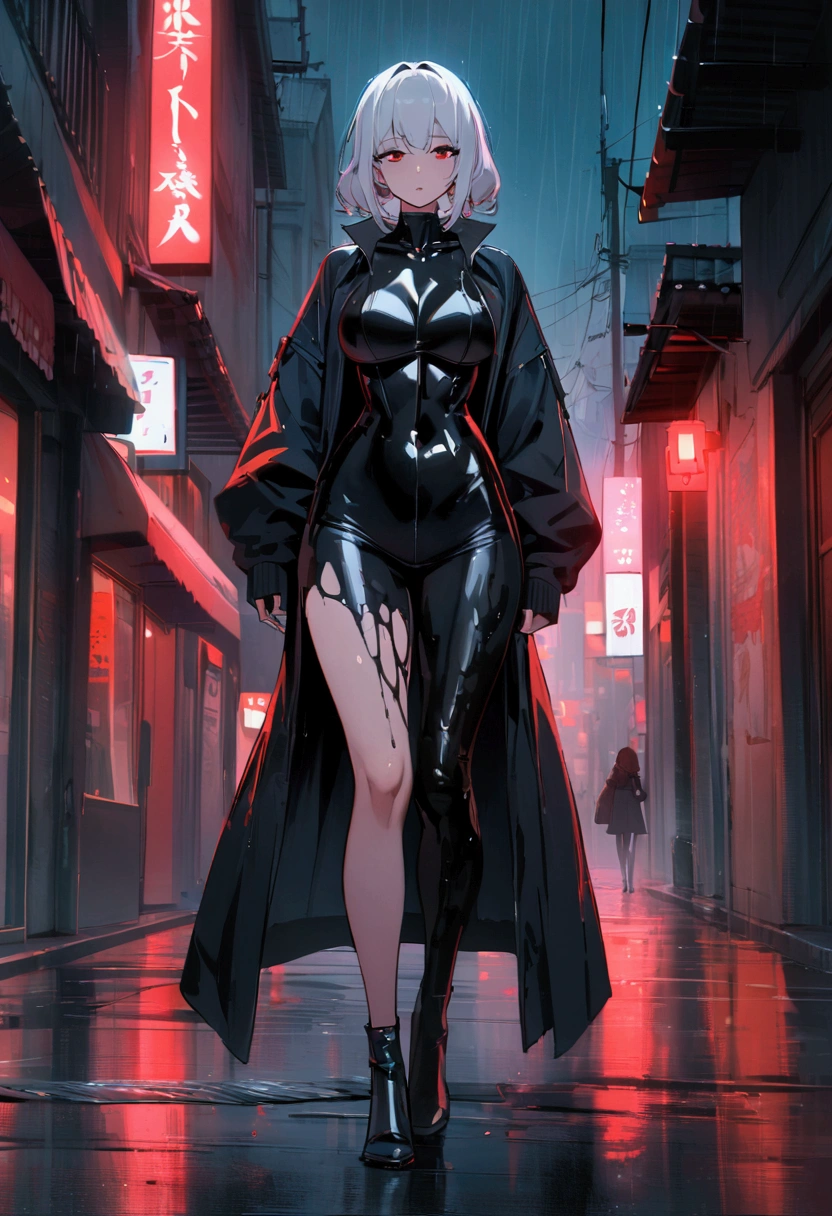 ((masterpiece, best quality, extremely detailed CG, unity 8k wallpaper,anatomically correct,ultra resolution)),Award-winning photography,(best illumination,Very Delicate and Beautiful),(one girl,solo,young girl:1.5),(Vampire:1.45),silver hair,(twintails:1.2),glowing red eyes,(pale skin:1.45),(extremely beautiful and detailed face:1.2), (extremely beautiful and detailed eyes:1.2),perfect hands,delicate legs,((bat hair ornament)),(graceful,fashion),pointy ears,((full body catsuit with zipper:1.4,black high heels,black leather gloves)),looking at viewer,hand to own mouth,head tilt,morbid smile,dark persona,evil,(cute:1.5),((night, dark atmosphere, dark theme, darkness:1.5)),dramatic shadows,(dimly lit:1.5),blood on face,blood on floor, blood on walls,(blood mist,blood splash:1.4),depth of field,(Bustling city:1.2,in the rain:1.3),cloudy sky,raining,skyline,(perfect human body structure with maximum precision)