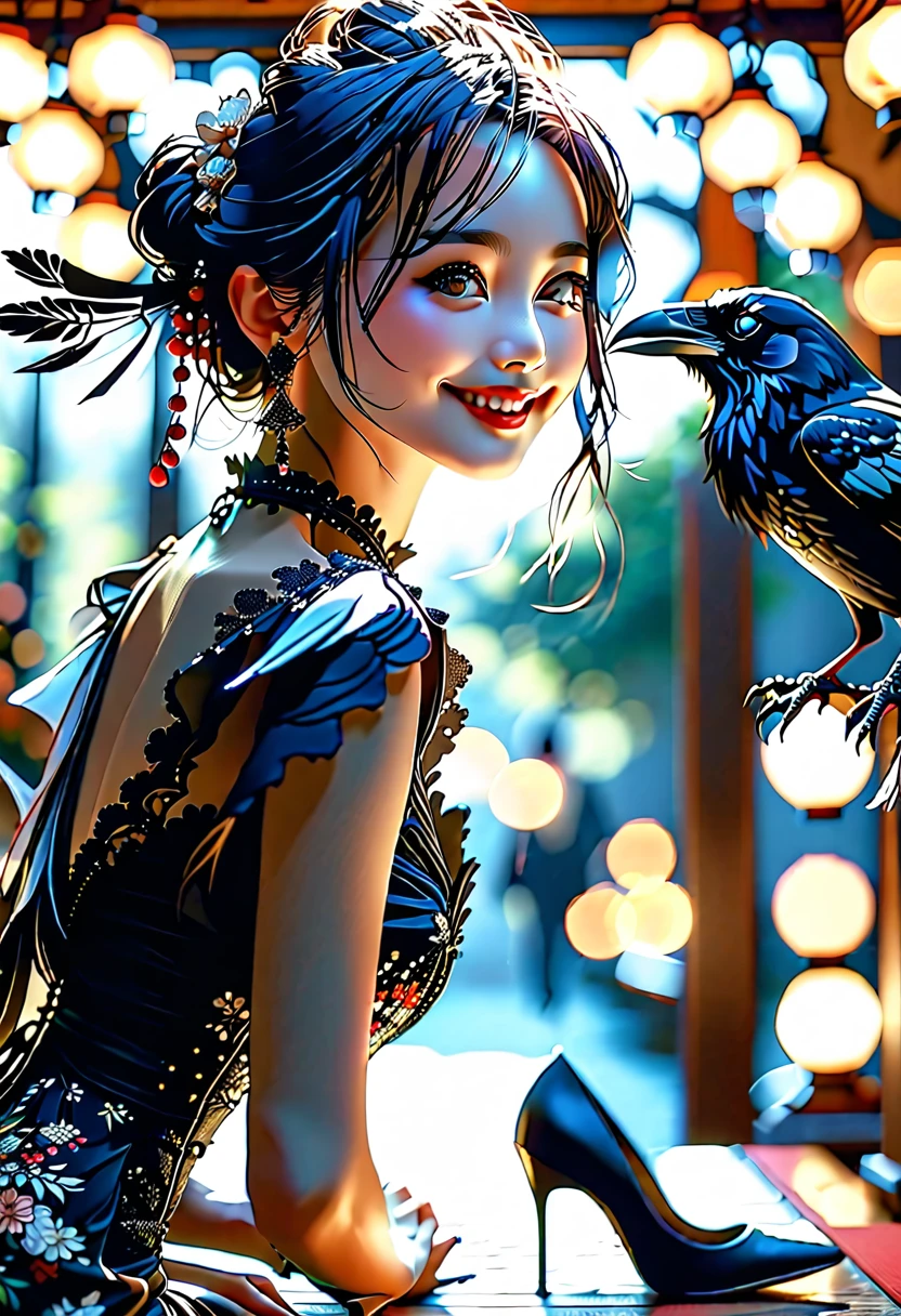 (playing with a raven:1.4).Beautiful Japanese woman, Short, beautiful figure, cute butt. elegant black dress, high heels, (smile). Masterpiece, best quality,(highly detailed:1.2),(detailed face and eyes:1.2), 8k wallpaper, natural lighting. core shadows, high contrast, bokeh.