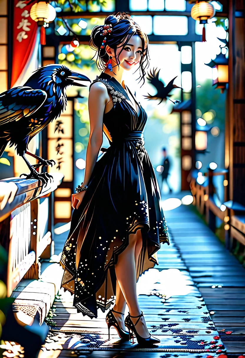 (playing with a raven:1.4).Beautiful Japanese woman, Short, beautiful figure, cute butt. elegant black dress, high heels, (smile). Masterpiece, best quality,(highly detailed:1.2),(detailed face and eyes:1.2), 8k wallpaper, natural lighting. core shadows, high contrast, bokeh.