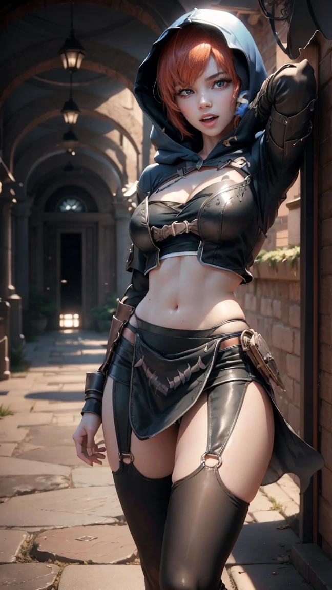 A beautiful 20 year old female vampire hunter with short, straight red hair, Pale skin, Bright appearance, Dressed in a white and blue hooded assassin costume, Waist up shot, Dynamic pose, Ambient Lighting, Photorealism, Intricate facial details, Exquisite handcrafted details, Very detailed, Vibrant colors, Cinematic, High resolution, Art Station Trends - Style Row，Full Body Lesbian，Huge ，Black Pantyhose，Short skirt，Pubic hair is visible，Painful face，blush，Crying face，Please open your mouth a little，Sexy pose，