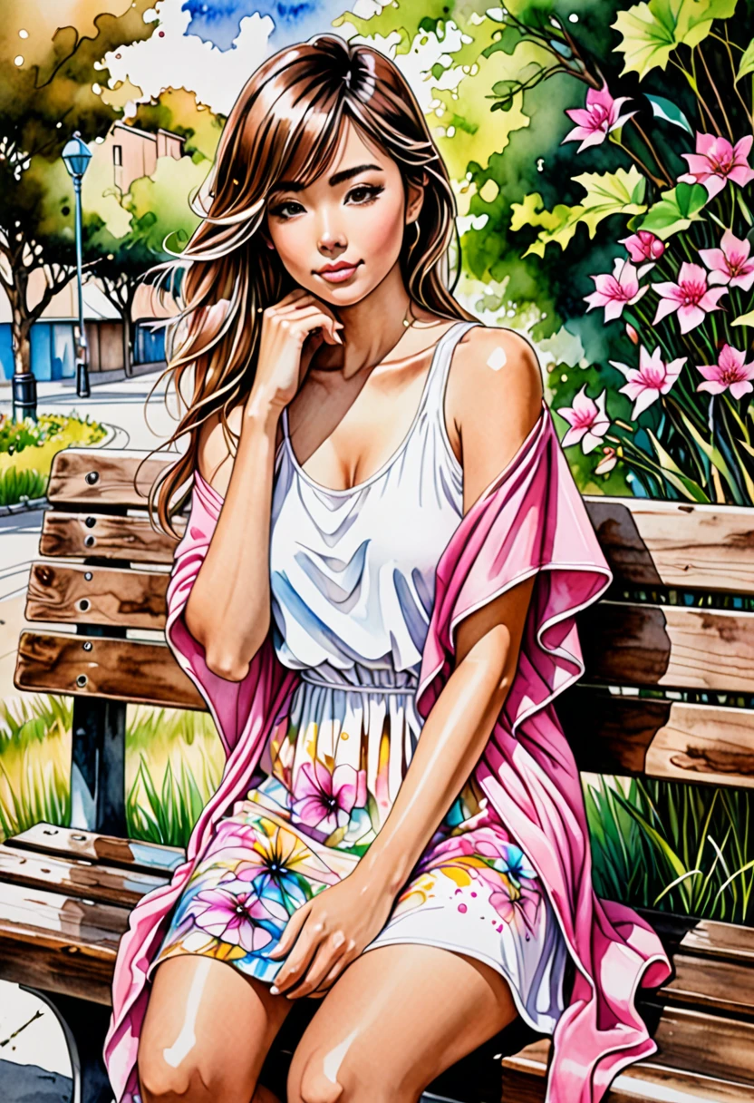 Please create a hyperrealistic alcohol ink watercolor image of a very beautiful woman, manga style, she is hugging her little brown and white splitz. She is wearing a pink tank dress, white poncho, white sneakers, while sitting on the bench. Soft landscape background. manga style, graffiti art