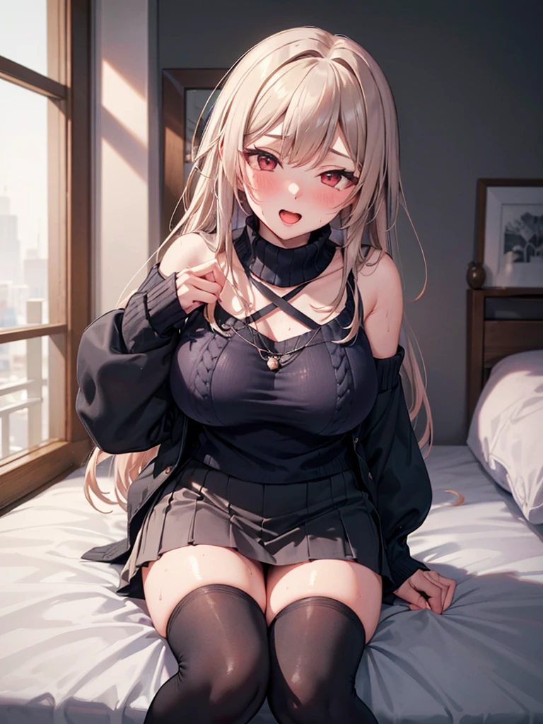 ((Highest quality)), ((masterpiece)), (detailed), One person,Age 25,(Black knit sweater),(mini skirt),Shoulder Bare,Big Breasts,blush,Underbust,(The chest is visible),(Excited expression),(Seduce),night,indoor,nightの部屋月明かり,Dim lighting,(In a dimly lit room),(In a messy room),(On the bed),(A dark room with moonlight shining in),Browsing Caution,sexy,dirty,Sweat,(Black knee-high socks),