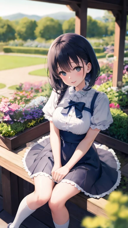 Delicate composition, Hyper Details, Highest quality,
Blurred foreground,
[Dynamic Views, 1 girl, (Captivating smile:0.6), alone, chest, Knee-high socks, Hair Intake, Ai-chan, Beautiful garden seen from above, Fluttering fine petals, growing up, 