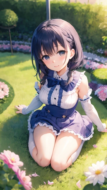 Delicate composition, Hyper Details, Highest quality,
Blurred foreground,
[Dynamic Views, 1 girl, (Captivating smile:0.6), alone, chest, Knee-high socks, Hair Intake, Ai-chan, Beautiful garden seen from above, Fluttering fine petals, growing up, 