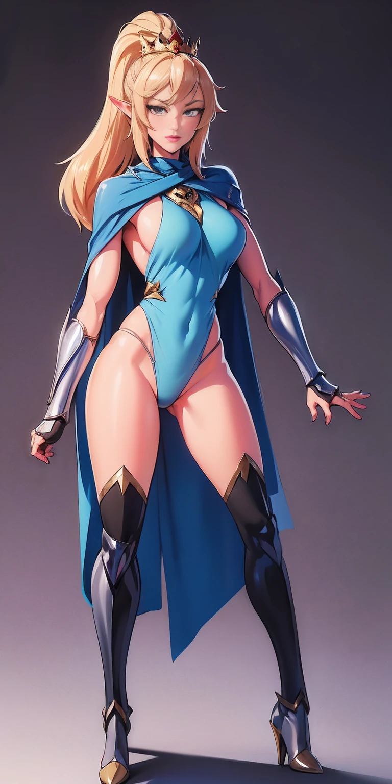 extremely long hair , ponytail, perfect anatomy 1 girl tall solo, slim thick, ((muscular)) high elf toned body, silver breast plate, blue cape, slender abs, hourglass waist, detailed face, defined cheekbones, puffy lips, gauntlets, gold crown, shadow over eyes, looking at viewer, masterpiece, white thigh highs lingerie, high heels