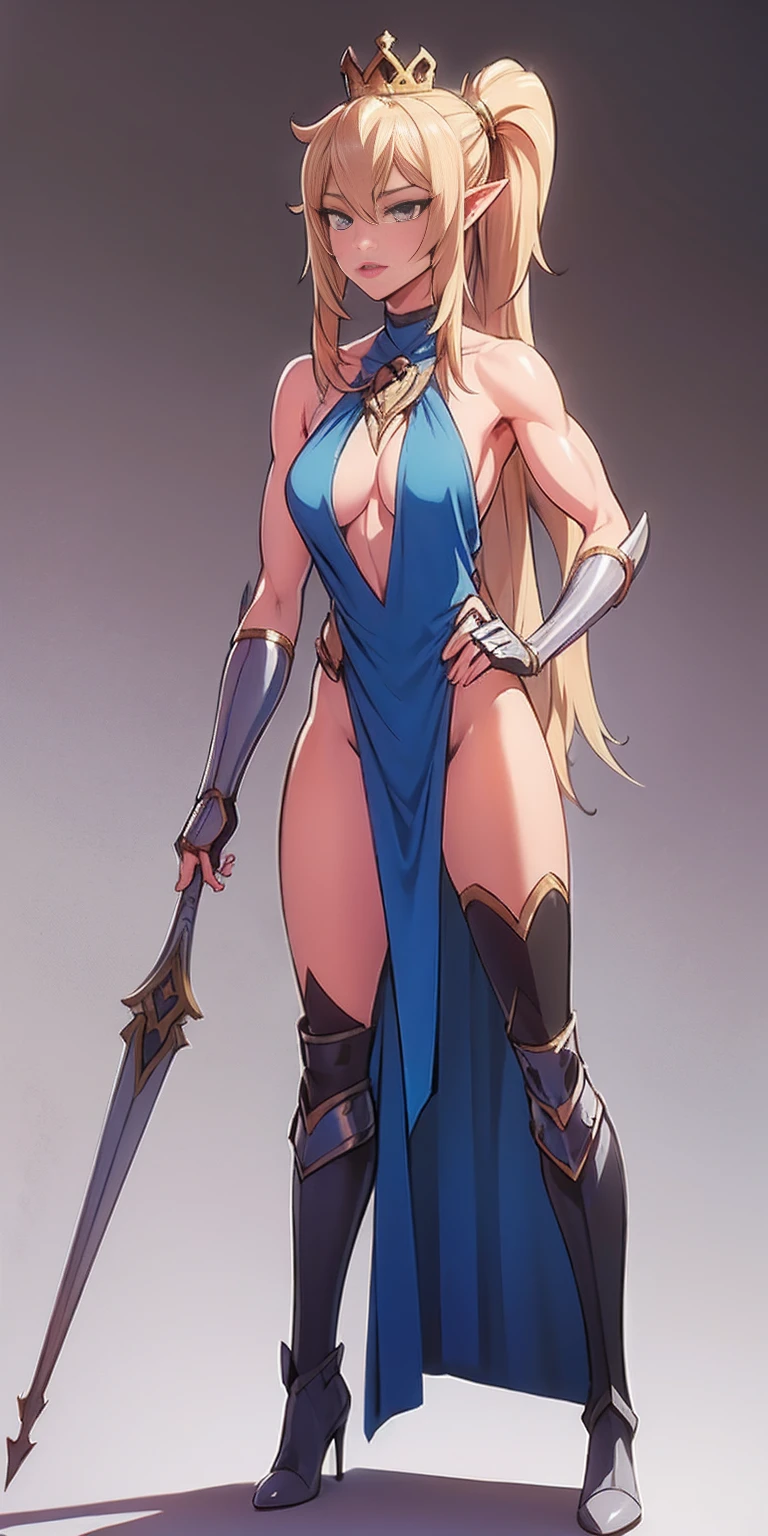 extremely long hair , ponytail, perfect anatomy 1 girl tall solo, slim thick, ((muscular)) high elf toned body, silver breast plate, blue cape, slender abs, hourglass waist, detailed face, defined cheekbones, puffy lips, gauntlets, gold crown, shadow over eyes, looking at viewer, masterpiece, white thigh highs lingerie, high heels