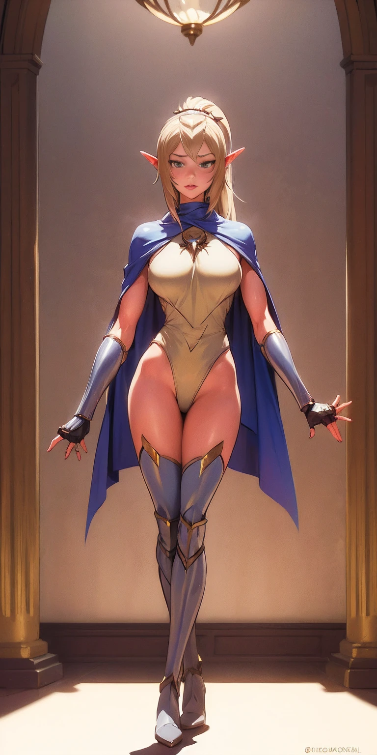 extremely long hair , ponytail, perfect anatomy 1 girl tall solo, slim thick, ((muscular)) high elf toned body, silver breast plate, blue cape, slender abs, hourglass waist, detailed face, defined cheekbones, puffy lips, gauntlets, gold crown, shadow over eyes, looking at viewer, masterpiece, white thigh highs lingerie, high heels