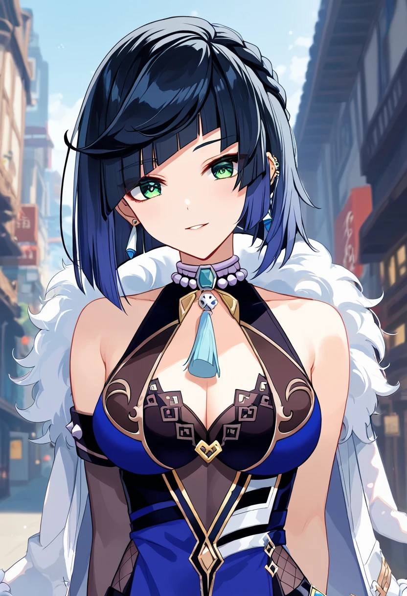 score_9, score_8_upper, score_7_upper, high quality ,masterpiece ,最high quality ,rating safe ,In the city , 黒いドレスを着ている, girl, Cute Face , navy hair, green eyes , Beautiful Skin ,character_yelan_Genshin Impact , very large breast ,黒いドレスを着ている