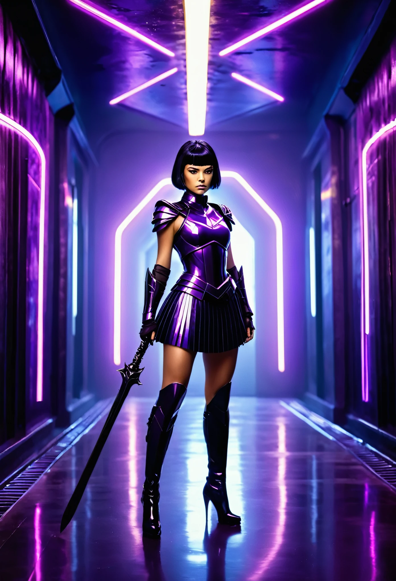 "Create a dark, futuristic scene featuring a lone female warrior with short black hair, dressed in a shiny, dark-purple battle uniform with puffed shoulders and a pleated skirt. She stands in the middle of a sleek, dimly-lit corridor filled with glowing neon lights and metallic structures. She wields a large, ominous glaive-like staff with a reflective orb at the bottom. The atmosphere is mysterious and intense, with deep purples and blacks dominating the palette. Above her, a glowing symbol hovers, adding an air of destiny and power."