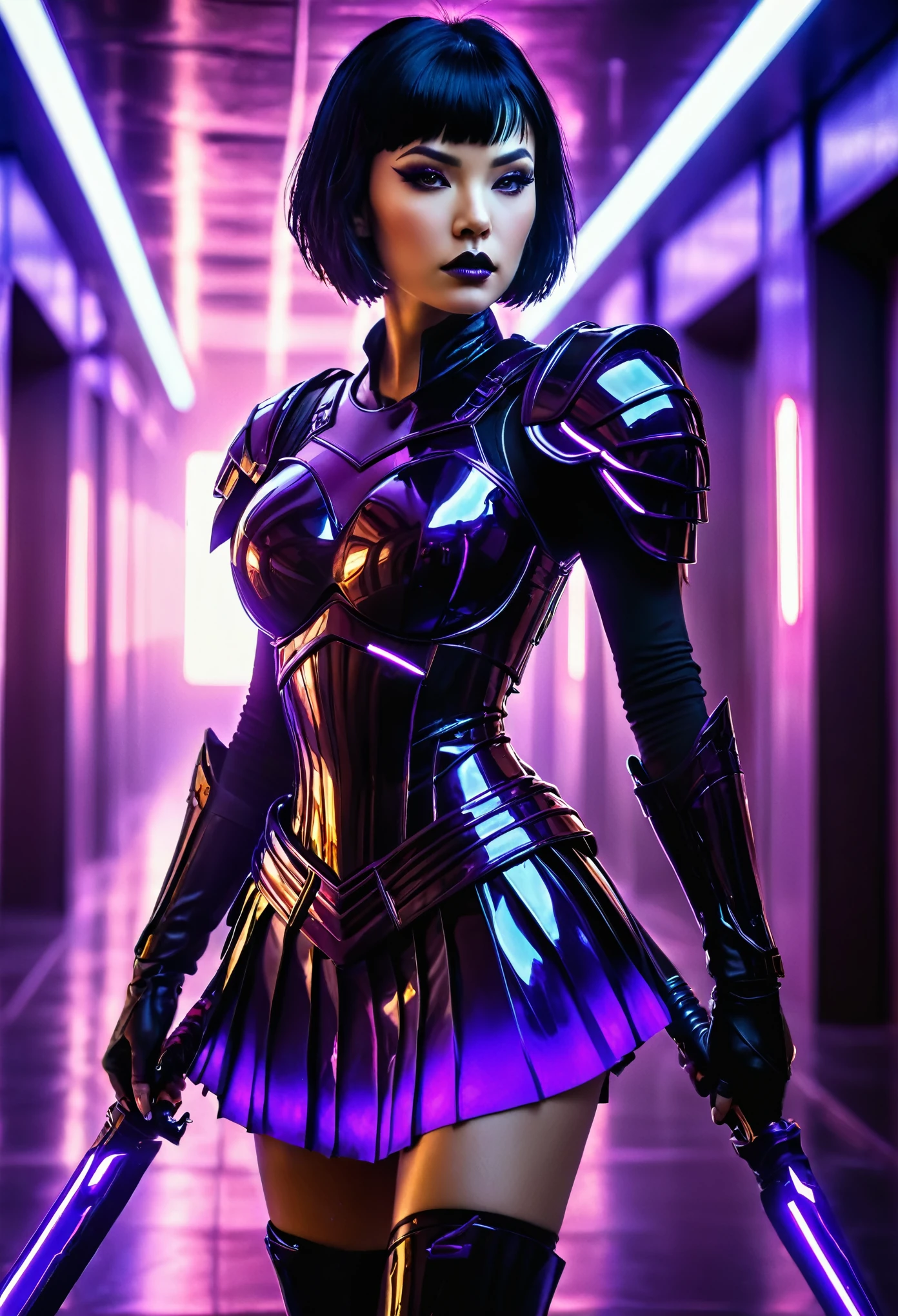 "Create a dark, futuristic scene featuring a lone female warrior with short black hair, dressed in a shiny, dark-purple battle uniform with puffed shoulders and a pleated skirt. She stands in the middle of a sleek, dimly-lit corridor filled with glowing neon lights and metallic structures. She wields a large, ominous glaive-like staff with a reflective orb at the bottom. The atmosphere is mysterious and intense, with deep purples and blacks dominating the palette. Above her, a glowing symbol hovers, adding an air of destiny and power."