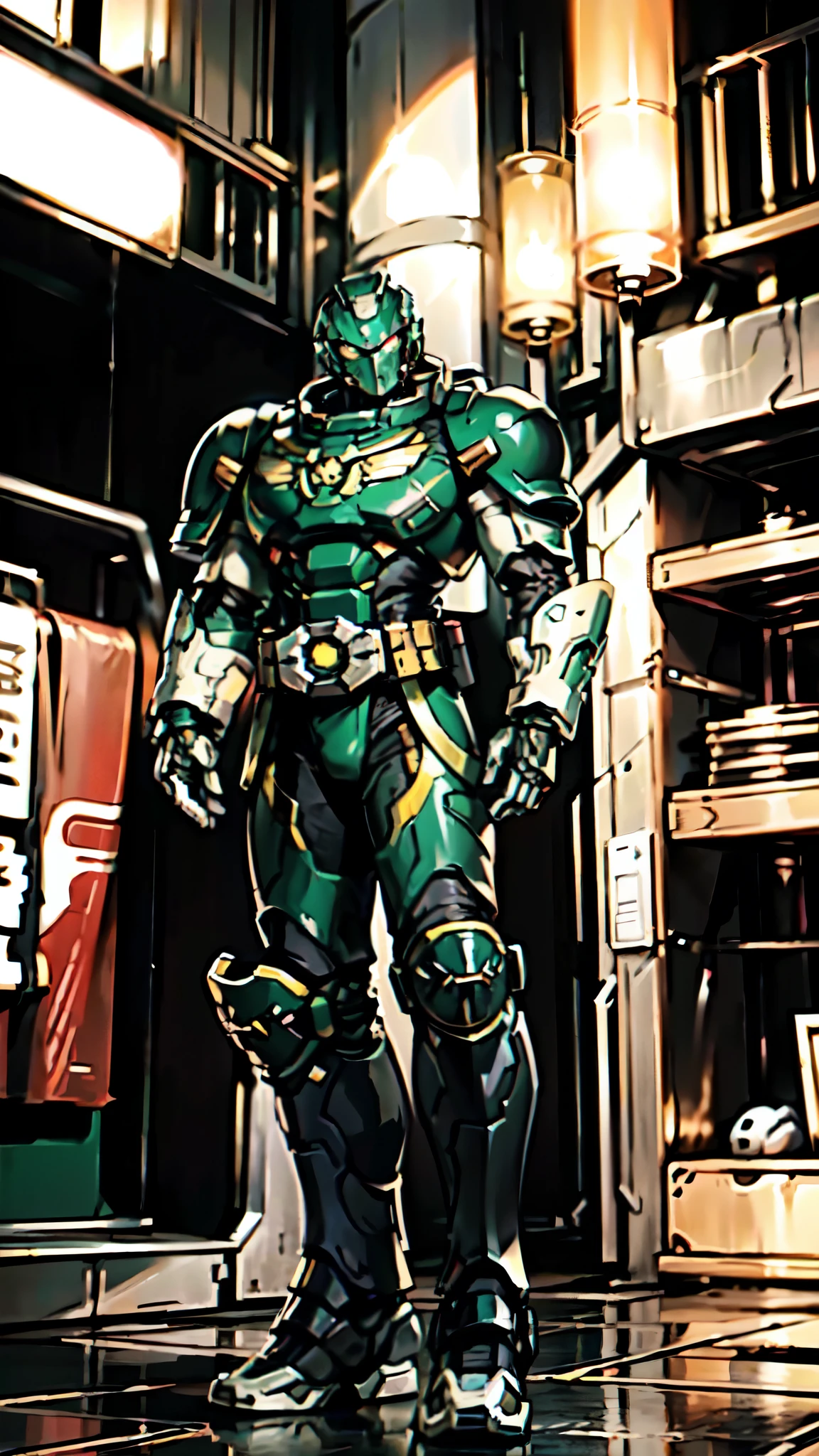 (masterpiece:1.5, best quality:1.5, extremely delicate:1.5), ((male:1.5)), a man wearing a full-face helmet, a biotech armored combat suit, green eyes, (a composite layered chest armor), fully enclosed shoulder guards, matching arm and leg guards, a belt of gemstone, (the color scheme is primarily Green with Black and White accents), the design balances heavy with agility, a high-tech bio-mecha armor, (Armor Concept Inspired by Space Marines, stand of a futuristic sci-fi city), this character embodies a finely crafted fantasy-style armored hero in anime style, exquisite and mature manga art style, (element, plasma, energy, the armor glows), metallic, high definition, highres, ultra-detailed, ultra-fine painting, professional, perfect body proportions, golden ratio, anatomically correct, symmetrical face, extremely detailed eyes and face, high quality eyes, creativity, RAW photo, UHD, 32k, Natural light, cinematic lighting, masterpiece-anatomy-perfect