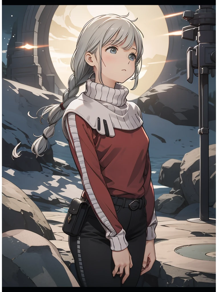 one woman,  talents, cozy turtleneck sweater, Upper body angle, Very cute, Perfect good looks, Braid, ash gray hair, glare of the sun, Depth of object being written, blurred background, particles of light, Strange wind, Highest image quality, highest quality, ultra high resolution, master piece,