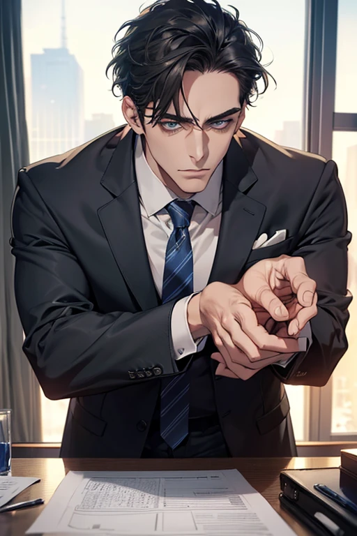 tmasterpiece，best qualityer，illustratio，realisticlying，Photoreality，detail in face，offcial art，电影灯光，Tie military uniform，1 man，sitted，Close-up of the pants，Crotch view，solo，handsome，male people，[[[［musculature］]],｛No bangs｝，tidy hair，black color hair，Short hair，eBlue eyes，serious，looking at viewert，blue-sky，dark cloude，rays of sunshine