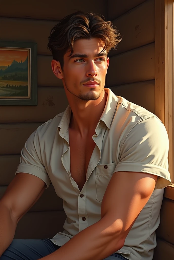 best quality, detailed, absurdres, depth of field, dof, cinematic lighting, bokeh, good anatomy, (best quality, masterpiece:1.2), epic, ultra detailed, detailed background, intricate details, a handsome man, vampire, yellow eyes, pale skin, perfect skin, 1990s, open shirt, jeans, sitting in a meadow, seductive, brown hair, shimmering skin, shining like a diamond, twilight,