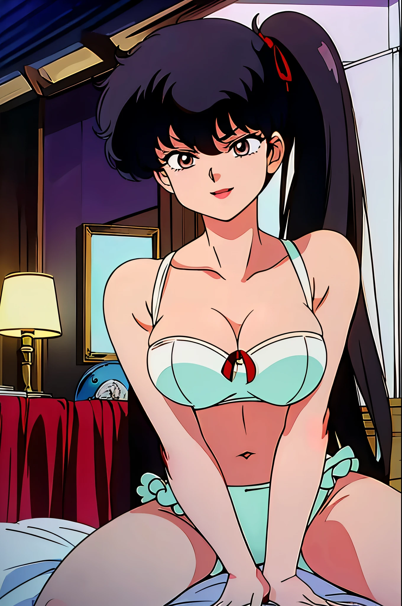 ((masterpiece, Highest quality, case)))), High resolution、8k、1990s、Red Curtain、1 person,alone, kodachi kuno (, Black hair side ponytail 、Long upper eyelashes、Thin lips、Round jaw、White bra with red ribbon and frills、White panties,Sit on the bed、Skin color(light brown)))), Huge breasts, Cleavage、Girl,Bright smile、I can see your belly、Detailed skin, Autora Rumiko Takahashi、Angle from below、Put your right hand on your chest