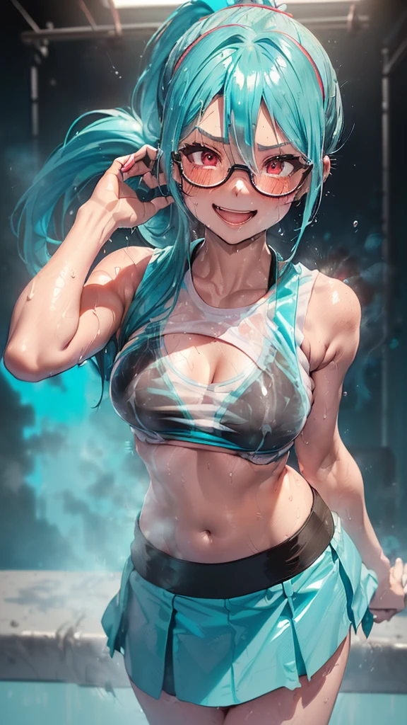 Bunny girl, whole body is wet, yogurt around mouth, blue haired woman in yogurt underwear showing her hands folded behind her head, school swimsuit, contemptuous gaze, glaring, angry face, teary eyes, whole body is wet with white liquid, yogurt on face and chest, sexy woman who opens legs at M o'clock, panchira, panty bite, beautiful woman, An abandoned toilet that gets dirty with yogurt all over its body