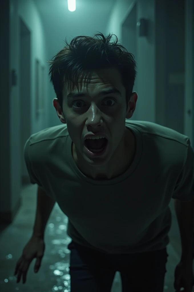 A young man in a dark, disheveled room with flickering lights. He is depicted in a state of horror, with wide eyes and an expression of intense fear. The room’s shadows are thick and eerie, adding to the sense of dread.