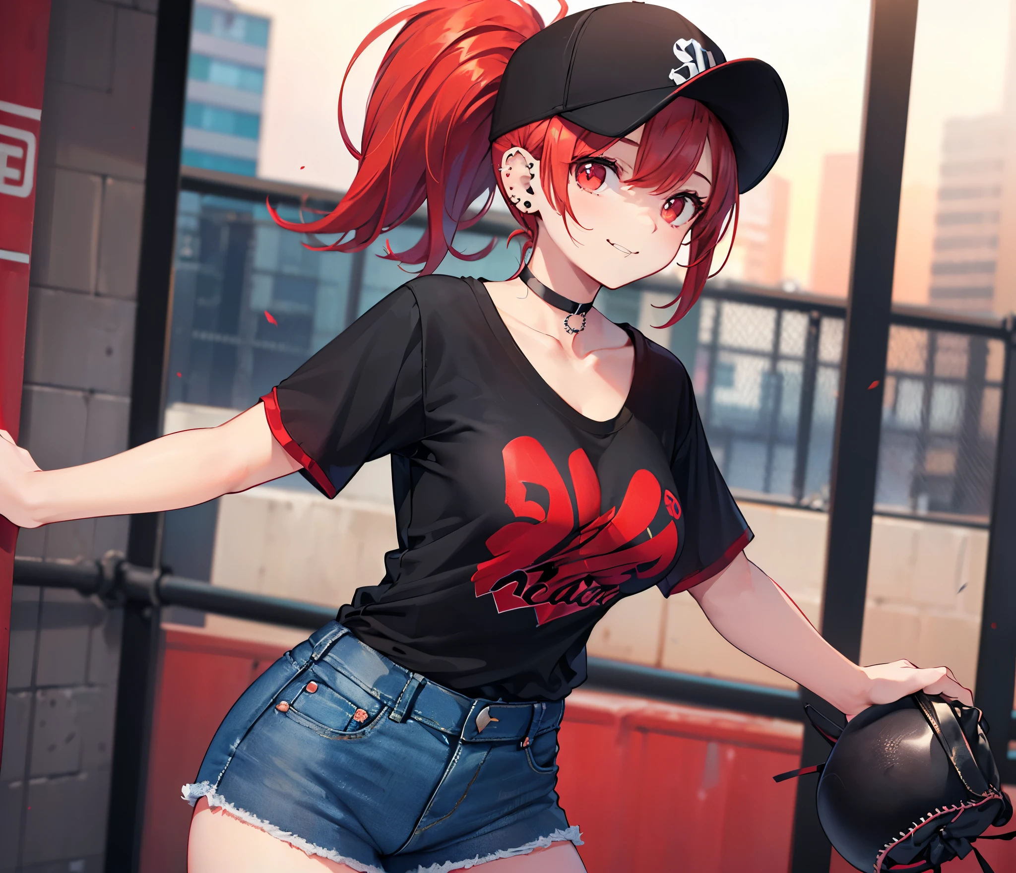 (Close-up:1.3),Realistic,Highest quality, Ultra Detail, High-quality CG rendering, The most delicate and beautiful, Floating softly, High resolution, (1 girl), (Highest quality,4K,8k,masterpiece:1.2),(All red hair:1.5), (ponytail:1.5),(Red eyes:1.5),(Slightly larger breasts:1.2), (Oversized black short sleeve t-shirt:1.3),(Black skinny jeans:1.3),(Black baseball cap:1.3),In the city,old buildings,Narrow back alley,(Turn your back to your audience:1.3),Butt,Are standing,smile,(Piercing in left ear:1.3),(Pitch black choker:1.5)