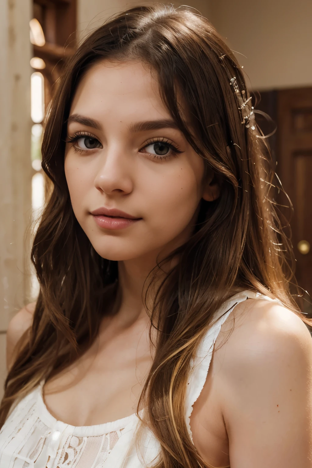 (Cinematic photo:1.3) (Realistic:1.3),(Cozy:1.3) beautiful , (square light brown hair), very detailed skin texture, realistic skin texture, intimate look directly into the camera, (looks at the viewer), pouty lips, pastel, glitter, dramatic, dreamy, pastel flower garden, elegant, Whimsical, Delicate, Highly detailed, Intricate, Digital photo in UHD format, Fantasy theme, mini lace off-the-shoulder top, fantasy concept art, Fantasy character art, beautiful young girl, gorgeous, beautiful body, highly detailed full body shot, dreamy, pastel, Watercolor, whimsical, Delicate, Highly detailed texture, texture similar to life, digital painting, highly detailed photography, (Art Deco:1.Hotorealism: 1.3), (classical realism: 1.3), (Fujifilm Superia:1.3), naturalism, golden hour light, (David Hamilton style)